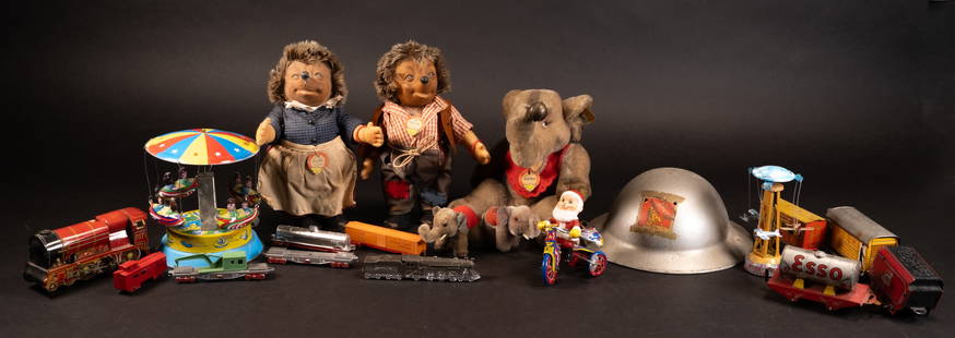 Vintage Toy Collection Group Lot Steiff Marx Tin Trains etc: Vintage Toys Collection Grouping Steiff Tin Trains Consisting of (1x) Steiff Jumbo Elephant With Red Bib & Bell Ear Tag & Bib Label Intact 8" (1x) Steiff Mecki and Micki, Complete With Outfits & Shoes