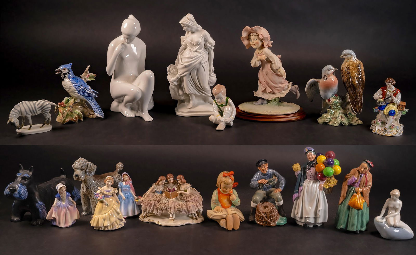 Porcelain Sculpture Collection Royal Dux Doulton Beswick Herend Amani etc: Large Ceramic Figural Figurine Statue Collection Group Grouping Lot Royal Doulton Pcs (1x) Biddy Pennyfarthing # HN1843 Designed by Leslie Harradine 1938 9" x 5" (1x) Bridget # HN2070 Designed by Lesl