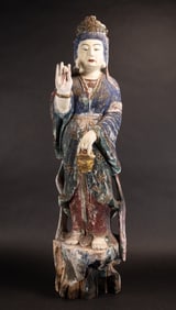 Yuan Ming Dynasty Chinese Carved Wood Polychrome Guan Yin Statue