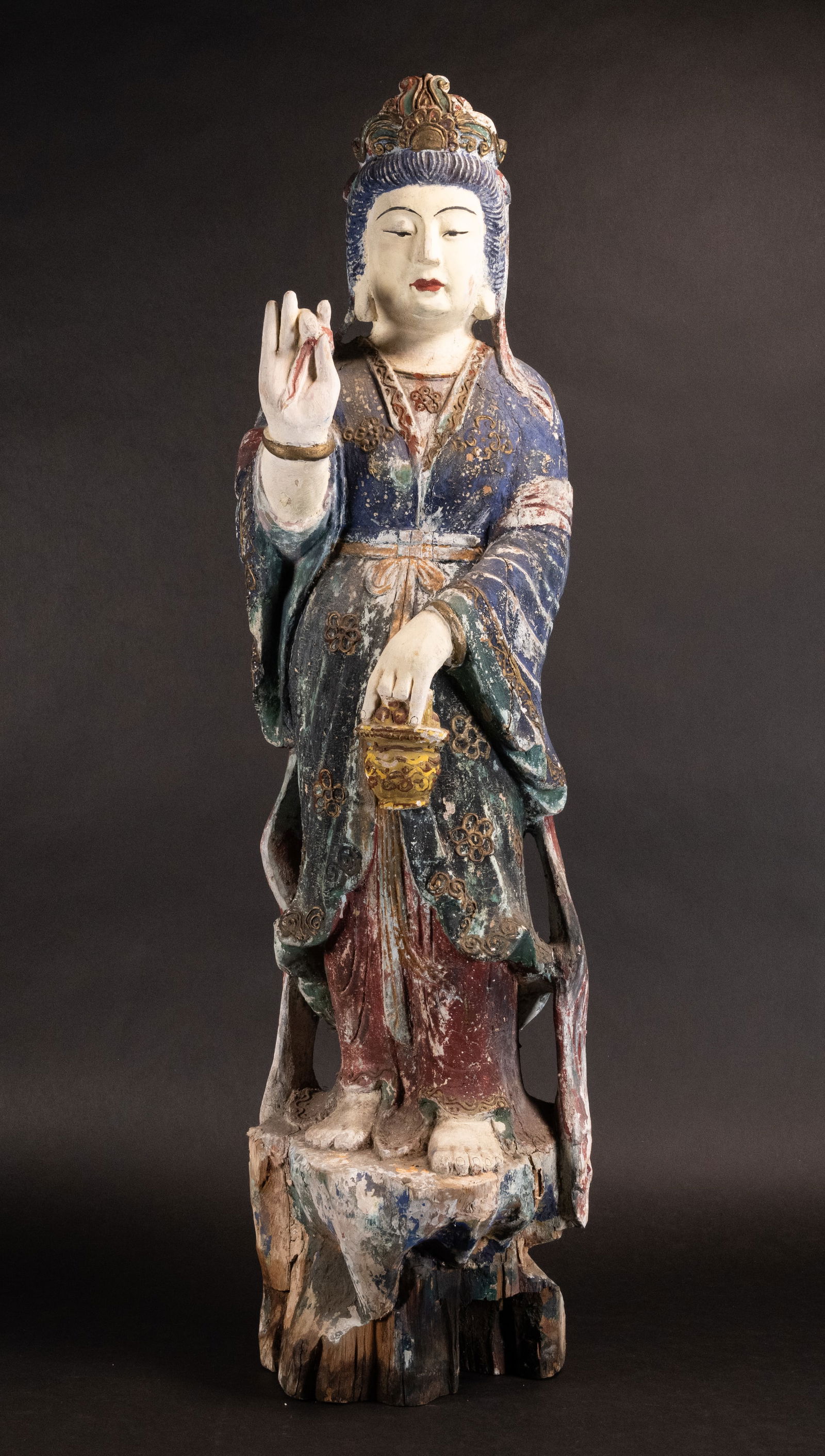 Yuan Ming Dynasty Chinese Carved Wood Polychrome Guan Yin Statue: Yuan Ming Dynasty Chinese Hand Carved Wood Polychrome Guan Yin Scupture Circa 18 / 19th Century Depicting the Benevolent Deity in Shunya Mudra Right Hand Gesture Hand Carved Hand Painted Approx: 35 3/