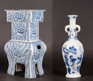 Chinese "Long Eliza" Porcelain Vase Kangxi Artemisa Leaf Mark & Qing Lotus Pagoda Incense Burner