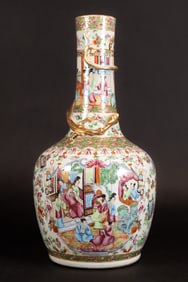 19th C Famille Rose Gilt Dragon Relief Porcelain Vase