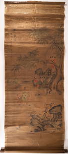 18th-19th C Chinese Hanging Scroll Painting "Qing Dynasty Treasure": 18th / 19th Century Chinese Hanging Scroll Painting " Qing Dynasty Treasure " Ink and Watercolor on Paper Gold Gilt Chinese Inscription to Leather Pig Skin ? Scroll Case: " Qing Dynasty Treasure " Sig