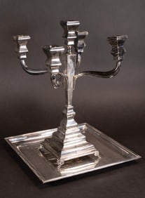 Judaica Hazorfim Sterling Silver Sabbath Five Light Candelabra On Grand Sterling Tray