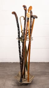 Walking Stick Parasol Cane Collection w/ Bronze Stand Bone Skull Sterling etc