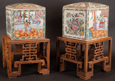 19th c. Chinese Qing Dynasty Famille Rose Medallion Lidded Porcelain Tea Box On Rosewood Stand Pair