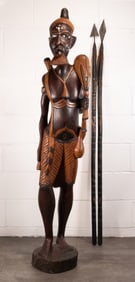 African Warrior Wooden Floor Sculpture & Two Spears