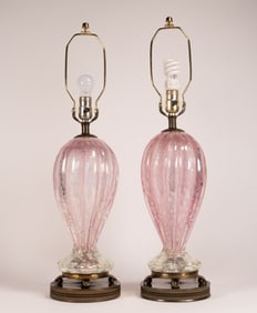 Mid Century Murano Art Glass Bullicante Pink Table Lamp Pair