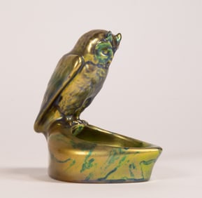 Zsolnay Pecs Hungary 19th C Iridescent Art Deco Owl Ashtray