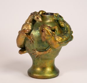 Zsolnay Pecs 19th C Iridescent Salamander & Lizard Art Nouveau Sculpture Vase Rare