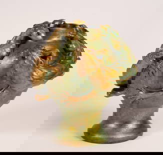 Zsolnay Pecs 19th C Iridescent Salamander & Lizard Art Nouveau Sculpture Vase Rare: Zsolnay Pecs Eosin ( Hungarian )19th Century Iridescent Salamander and Lizard Art Nouveau Sculptural Earthenware Vase Rare Hand Made in Hungary 3D High Relief Depicting the Meeting Between a Salamande