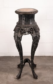 19th Century Chinese Carved Hardwood & Marble Pedestal Table