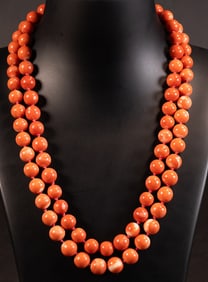 14K Gold Coral Carved Rose Clasp Double Strand Bead Necklace