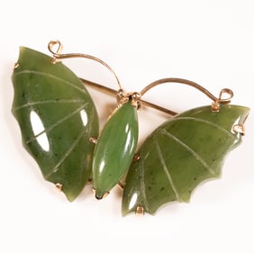 14K Gold Jade Butterfly Brooch Pendant