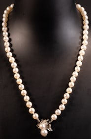 14K Gold & Diamond Clasp Pearl Necklace