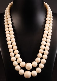 18K Gold Angel Skin Coral Double Strand Bead Necklace 110 Grams