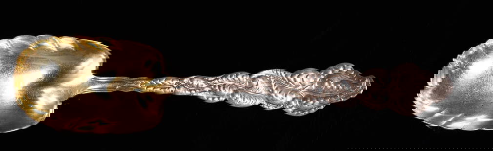 19Th C Art Nouveau Tiffany & Co "Atlantis-Ailanthus" Sterling Silver Serving Spoon: 19Th Century - 1899 Art Nouvau Tiffany & Co Sterling Silver Berry Serving Spoon in Discontinued "Atlantis-Ailanthus" Pattern Gold Washed Scalloped Bowl with Ornate Foliate Leaves Motif to The Handle H