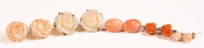 Gold Angel Skin & Salmon Coral Carved Earrings Collection Rose Flower Motif
