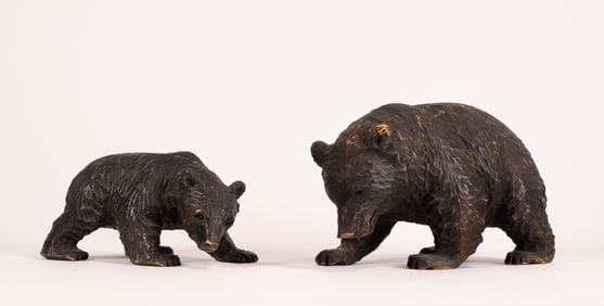 Early 20th C Black Forest Carved Bear With Cub
