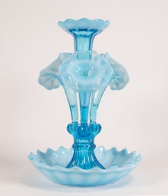 Fenton LG Wright Blue Opalescent Art Glass Epergne Four Lilies