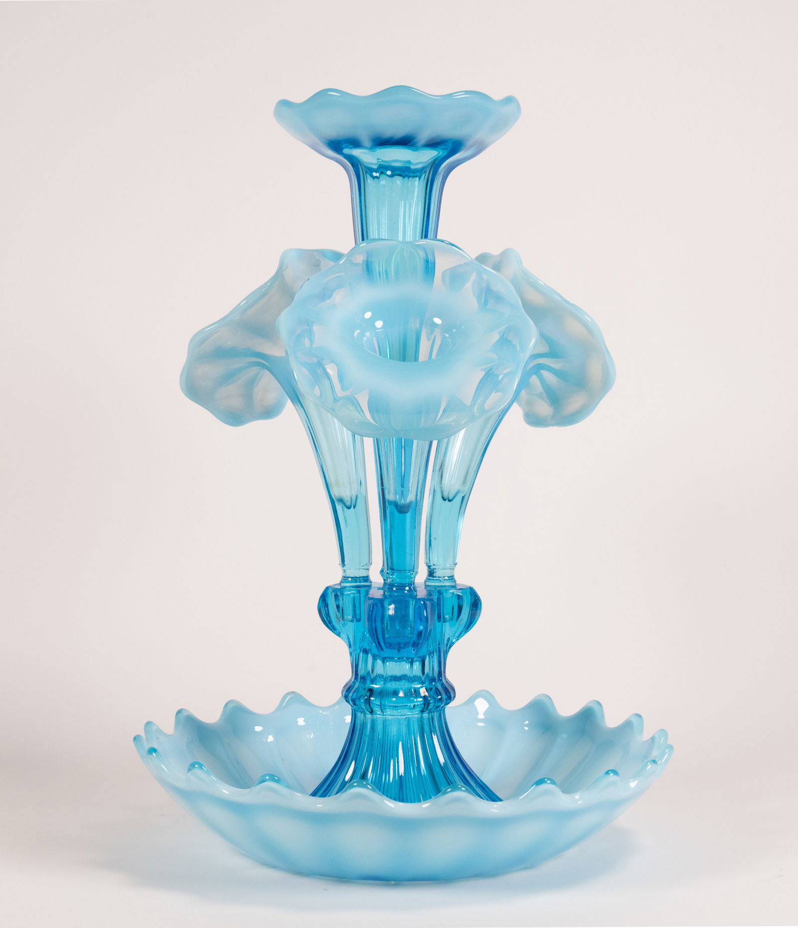 Fenton LG Wright Blue Opalescent Art Glass Epergne Four Lilies (1 of 12)