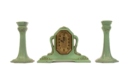 Art Deco Frank Art Garniture Set Desk Clock & Pair Of Candlesticks