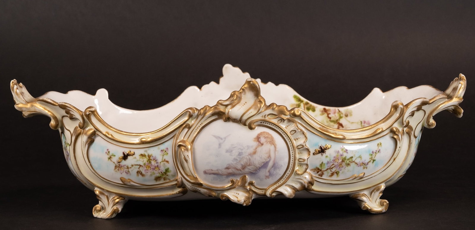 Paris 19th C Porcelain Centerpiece Bowl Signed: Antique French 19th Century Paris Porcelain Hand Painted Sevres Style Centerpiece Bowl Hand Made & Hand Painted Gold Gilt Art Nouveau Paintings to Two Exterior Center Sides Depicting Two Half Nude You