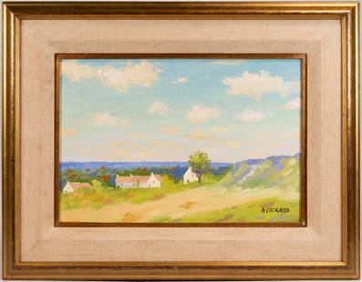 Anne Packard (American 1933-) Seascape Landscape Oil on Board Signed: Anne Packard (American New Jersey/Massachusetts 1933-) Seascape Landscape Oil on Board Signed to Lower Right: "A Packard" Surrounded In a Fabric Matte in Gilt Wood Frame Approx: 24 1/2"L 19 1/4"H Art: