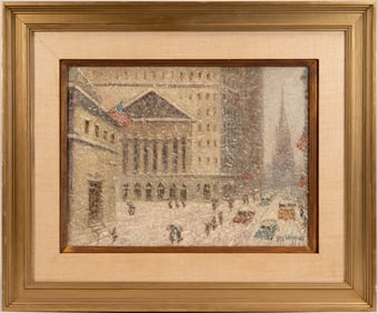 Guy Carleton Wiggins (American 1883-1926) Wall Street Winter Oil On Canvas On Board Signed