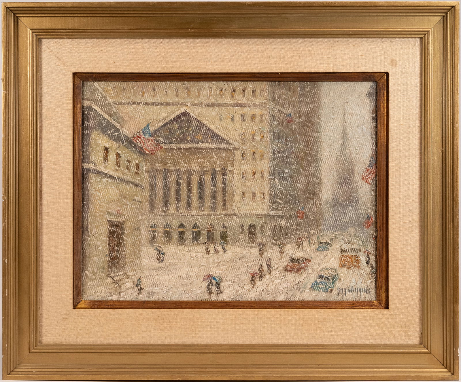 Guy Carleton Wiggins (American 1883-1926) Wall Street Winter Oil On Canvas On Board Signed: Guy Carleton Wiggins (America 1883-1926) Impressionist Wall Street Winter Oil On Canvas Mounted On Board Depicting Snowy Street of New York City Wall Street Buildings Towering Skyscrapers During Winte
