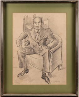 Miguel Covarrubias (American/Mexican 1904-1957) Pencil Drawing On Paper: Miguel Covarrubias (American/Mexican 1904-1957) Graphite Pencil Drawing On Paper Depicting Portrait of Gentleman Man Sitting on Chair Signed to Lower Right: "Covarrubias" Framned Under Plexi Glass App