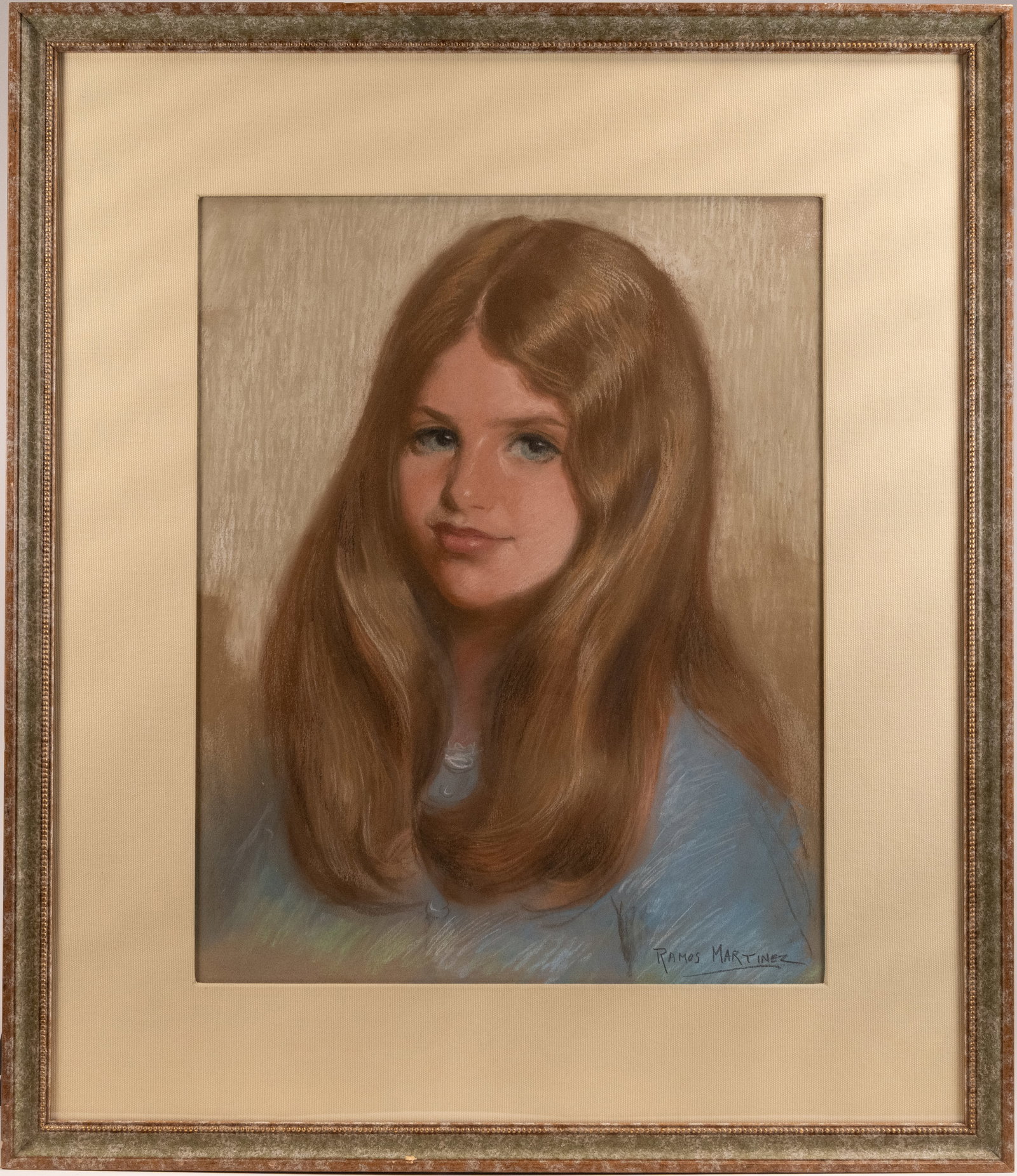 Alfredo Ramos Martinez (Mexican 1871-1946) Portrait Of Young Lady Pastel On Paper Signed: Alfredo Ramos Martinez (Mexican 1871-1946) Portrait Of Young Lady Pastel On Paper Signed to Lower Right: "Ramos Martinez" Depicting Portrait of Happy in Life Smiling Content Young Lady Surrounded in M