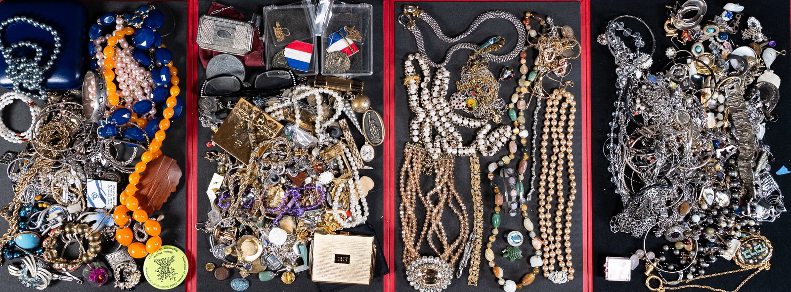 Large Unsearched Costume Jewelry Lot: Large Costume Jewelry Unsearched Lot May Comprising Necklaces Bracelets Bangles Rings Pins Brooches Earrings Cufflinks Women's Costume etc Some Items May Need Repair While Some Will Not We Cannot Answ
