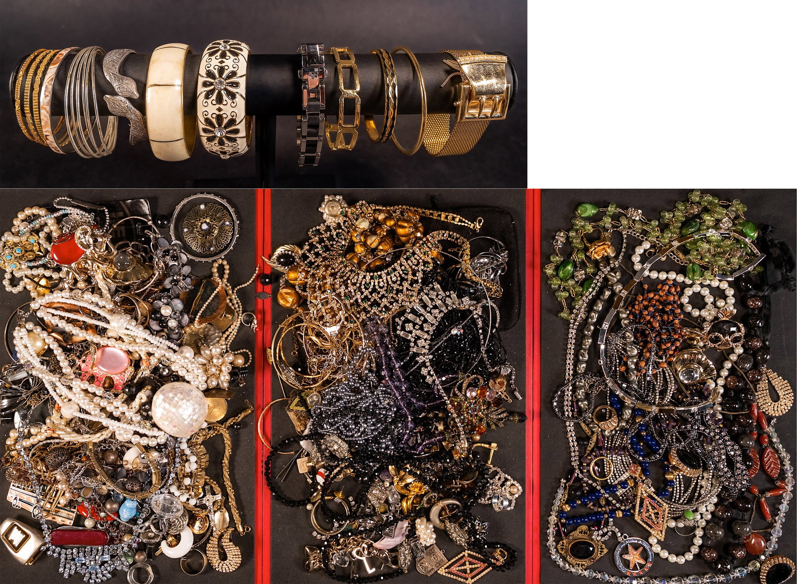 Large Unsearched Costume Jewelry Lot: Large Costume Jewelry Unsearched Lot May Comprising Necklaces Bracelets Bangles Rings Pins Brooches Earrings Cufflinks Women's Costume etc Some Items May Need Repair While Some Will Not We Cannot Answ