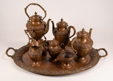 Mexican Copper & Bronze Floral Repousse Tea Set