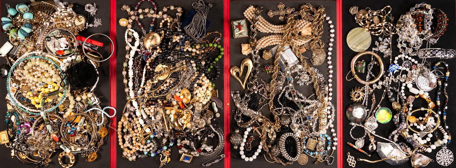 Large Unsearched Costume Jewelry Lot: Large Costume Jewelry Unsearched Lot May Comprising Necklaces Bracelets Bangles Rings Pins Brooches Earrings Cufflinks Women's Costume etc Some Items May Need Repair While Some Will Not We Cannot Answ