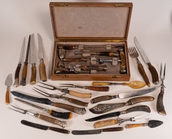 Sterling Silver Barware Set w/ Wood Case & Assorted Collection of Horn/Bone Handled Utensils