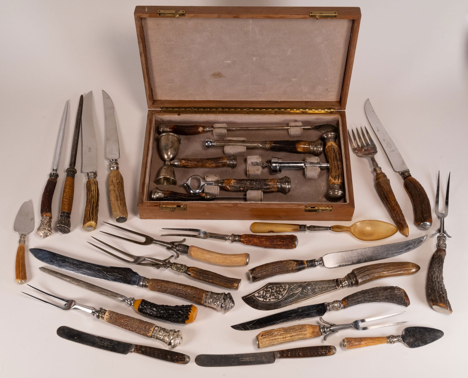 Sterling Silver Barware Set w/ Wood Case & Assorted Collection of Horn/Bone Handled Utensils
