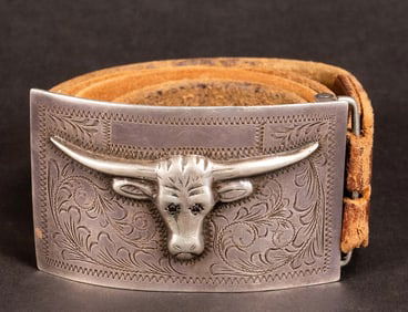 RSS Bull Longhorn Steer Sterling Silver Handmade Cowboy Western Belt Buckle