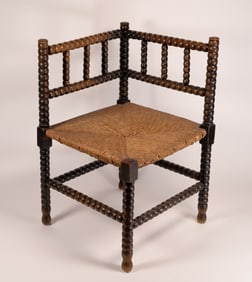 1960s French Bobbin Turned Stick and Ball Wood Rush Corner Chair