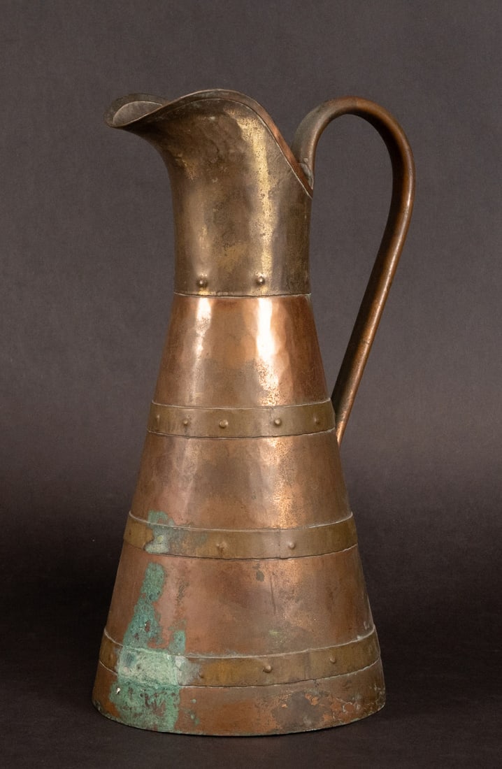 Stickley Brothers Art & Craft Hand Hammered Pitcher: Antique Stickley Brothers Arts and Crafts Mission Style Hand Hammered Pitcher c.1910 Hand Hammered Copper With Brass Trim Tin Lined Inside Long Hook Handle Connects From The Neck of the Spout to Mid B