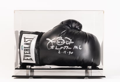 Certified James "Buster" Douglas Signed Boxing Glove With Tyson Inscription in Display