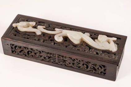 18th C Chinese Qing Dynasty Dragon Celadon Jade Hardwood Box