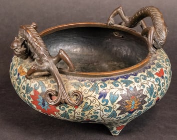 Chinese Bronze Cloisonne Double Dragon  Incense Burner