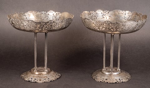 Persian Art Deco Persian/Russian Niello 84 Silver Compote Pair