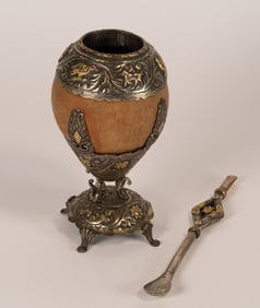 Balibetow 800 Silver & Gold Inlaid Yerba Mate Gourd Set w/Bombilla Straw