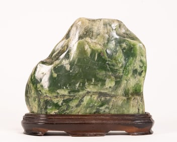 19th C Qing Dynasty Chinese Spinach Green Jade Nephrite Mountain Scholar's Stone