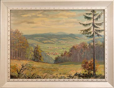 20th C. German Landscape Oil of Nordheim vor der Rhon Signed Illegibly