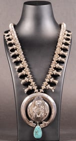 Carol Felley Native American Navajo Sterling Silver Squash Blossom Necklace