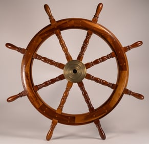 Vintage Eight Spoke Teak Wood & Brass Ship's Wheel